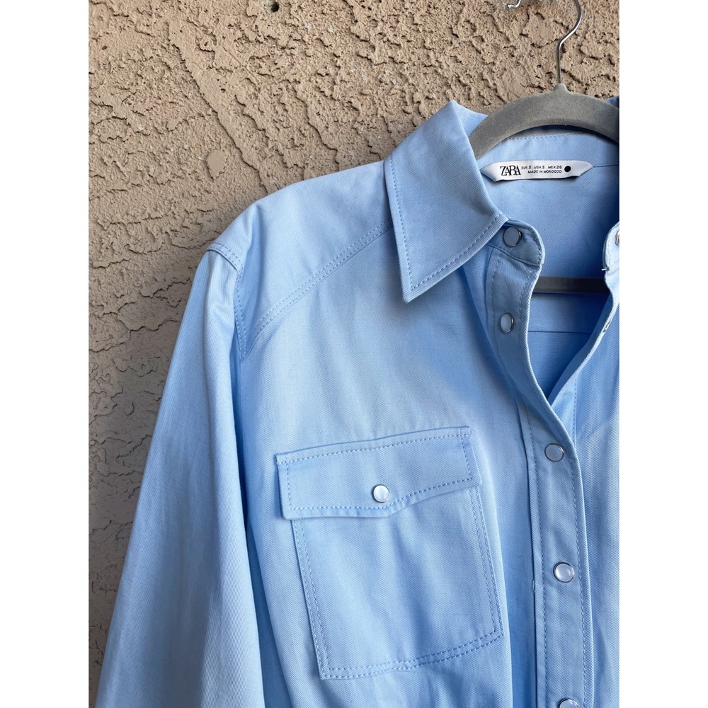 ZARA BLOGGER FAVE Light Blue Linen Blend Snap Long Sleeve Shirtdress Shirt Dress - Picture 4 of 15